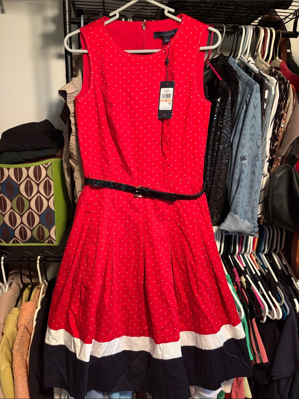 Tommy Hilfiger Red Polka Dot Sleeveless Midi Dress with Navy & White Hem